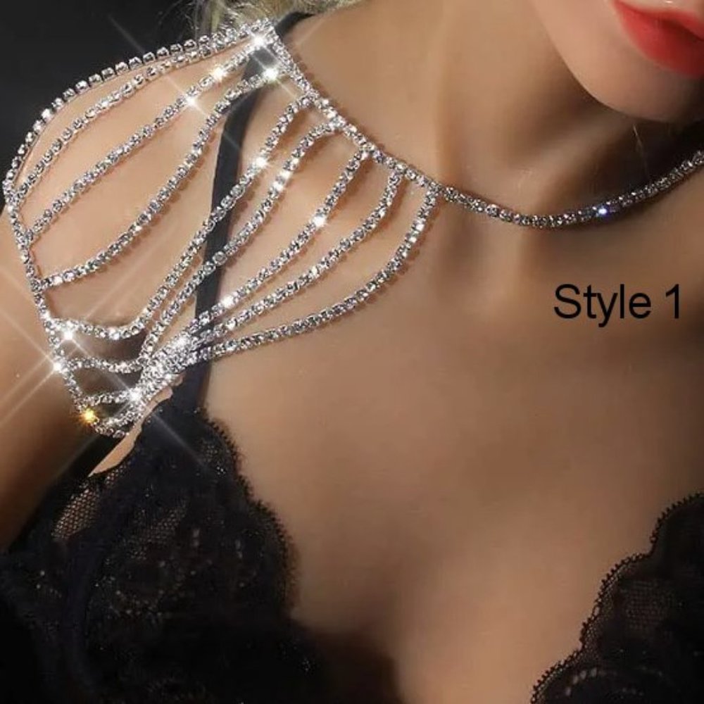NEW Sparkling Bling Swarovski Crystal Rhinestone Shoulder Necklace + Gift